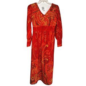 70s Malihini Hawaii Hawaiian Dress Paisley Maxi Long Sleeve Floral Size 8 Vintag